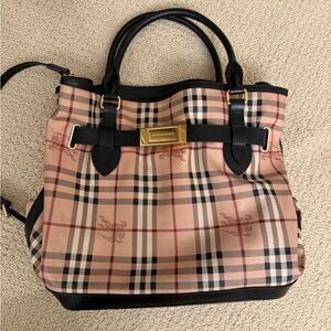 BURBERRY Haymarket Check Coated Canvas Medium Goldtone Tote Bag